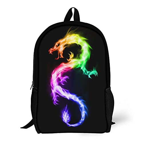 ONE TO PROMISE Dragon Backpacks Watercolor Cool Rainbow Dragon on Black Shoulder Student Bookbag Laptop Backpack Travel Hiking Camping Daypack for Teens Women Men with Side Pockets