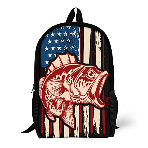 ONE TO PROMISE American Flag Backpacks Vintage Jumping Bass Fish Fishing on American Flag Shoulder Student Bookbag Laptop Backpack Travel Hiking Camping Daypack for Teens Women Men with Side Pockets