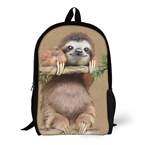 ONE TO PROMISE Sloth Backpacks Cartoon Lovely Sloth Hanging on Branch on Brown Shoulder Student Bookbag Laptop Backpack Travel Hiking Camping Daypack for Teens Women Men with Side Pockets