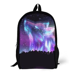 one to promise neon wolf school backpack watercolor neon forest wolf at starry sky bookbags adjustable travel daypack water resistant shoulders school bag for womens mens teens boys girls