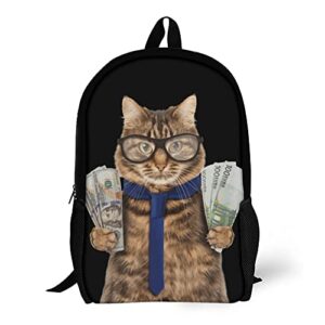 Kamoxi Funny Cat School Bookbag Cute Cat with Money Dollar and Euro Banknotes Kitten Laptop Backpack Casual Travel Daypack Adjustable Shoulder Straps Bags for Women Men Students, Large 17"