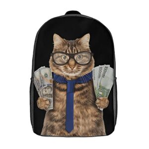 Kamoxi Funny Cat School Bookbag Cute Cat with Money Dollar and Euro Banknotes Kitten Laptop Backpack Casual Travel Daypack Adjustable Shoulder Straps Bags for Women Men Students, Large 17"