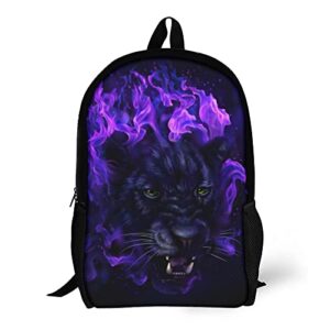 kamoxi backpack cool cheetah schoolbag funny panther head in purple flames leopard animal black travel daypack lightweight rucksack water resistant book bags for teens boys men, large 17"