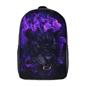 Kamoxi Backpack Cool Cheetah Schoolbag Funny Panther Head in Purple Flames Leopard Animal Black Travel Daypack Lightweight Rucksack Water Resistant Book Bags for Teens Boys Men, Large 17"