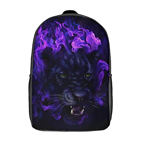 Kamoxi Backpack Cool Cheetah Schoolbag Funny Panther Head in Purple Flames Leopard Animal Black Travel Daypack Lightweight Rucksack Water Resistant Book Bags for Teens Boys Men, Large 17"