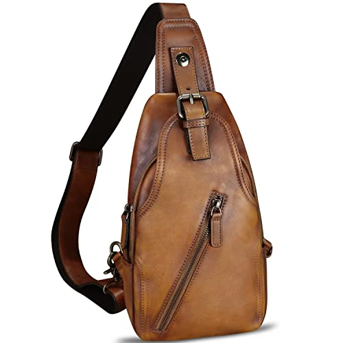 Genuine Leather Sling Bag Multifunction Crossbody Hiking Fanny Daypack Vintage Chest Shoulder Backpack Motorcycle Purse (Brown)