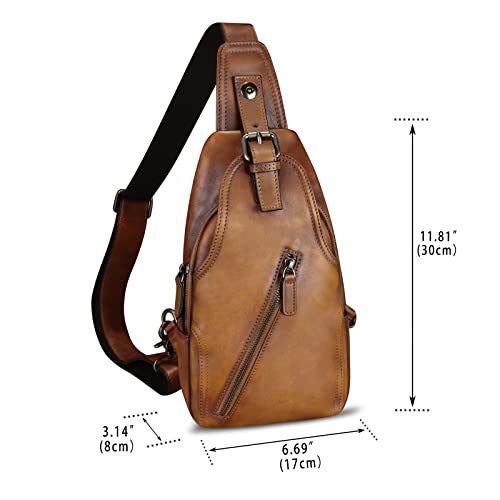 Genuine Leather Sling Bag Multifunction Crossbody Hiking Fanny Daypack Vintage Chest Shoulder Backpack Motorcycle Purse (Brown)