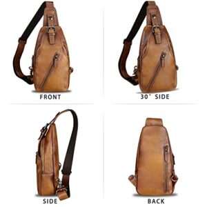 Genuine Leather Sling Bag Multifunction Crossbody Hiking Fanny Daypack Vintage Chest Shoulder Backpack Motorcycle Purse (Brown)