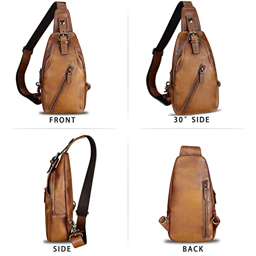 Genuine Leather Sling Bag Multifunction Crossbody Hiking Fanny Daypack Vintage Chest Shoulder Backpack Motorcycle Purse (Brown)