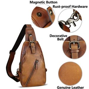 Genuine Leather Sling Bag Multifunction Crossbody Hiking Fanny Daypack Vintage Chest Shoulder Backpack Motorcycle Purse (Brown)