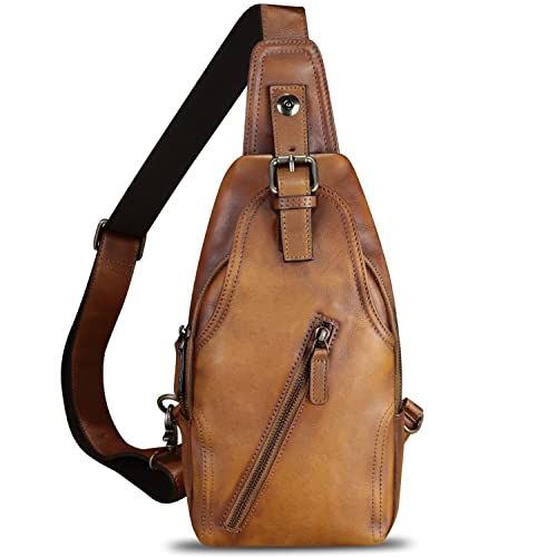 Genuine Leather Sling Bag Multifunction Crossbody Hiking Fanny Daypack Vintage Chest Shoulder Backpack Motorcycle Purse (Brown)