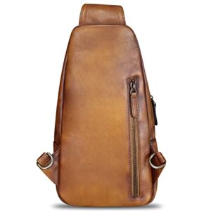 Genuine Leather Sling Bag Multifunction Crossbody Hiking Fanny Daypack Vintage Chest Shoulder Backpack Motorcycle Purse (Brown)