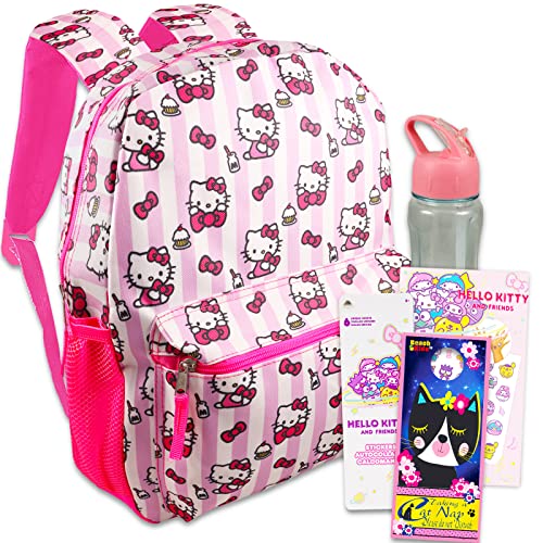 Hello Sanrio Hello Kitty Backpack for Boys Girls Kids - 6 Pc Bundle with 16 Hello Kitty School Backpack Bag, Water Bottle, Stickers, and Hello Kitty travel bag