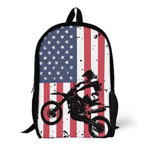 wzomt american flag motocross backpack for teen girls boys, funny dirt bike rider fly racing bookbags student schoolbag rucksack fashion daypack water resistant sport hiking travel bags large 17"