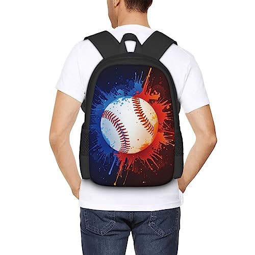 WZOMT Boys Baseball School Backpack Water Fire Baseball Blue Red Splash on Black Knapsack Fashion Laptop Bags Water Resistant Travel Hiking Daypack Bookbag for Kids Girls 17" Durable Rucksack