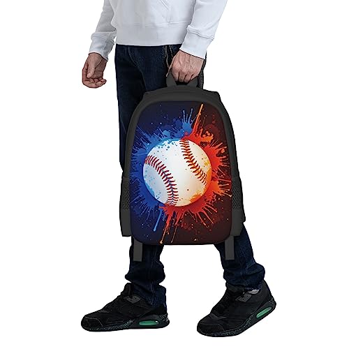 WZOMT Boys Baseball School Backpack Water Fire Baseball Blue Red Splash on Black Knapsack Fashion Laptop Bags Water Resistant Travel Hiking Daypack Bookbag for Kids Girls 17" Durable Rucksack