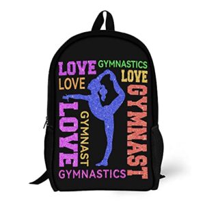 wzomt gymnastics backpack for girls women, colorful love gymnastics gymnast on black bookbags shoulder schoolbag rucksack daypack water resistant sport hiking travel bags gifts large 17"