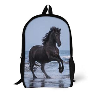 wzomt horse backpack for girls boys, black galloping horse on the beach animal bookbags college student schoolbags rucksack laptop daypack water resistant sport hiking travel bags large 17"