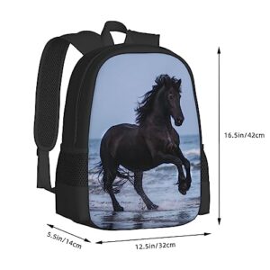 WZOMT Horse Backpack for Girls Boys, Black Galloping Horse on the Beach Animal Bookbags College Student Schoolbags Rucksack Laptop Daypack Water Resistant Sport Hiking Travel Bags Large 17"