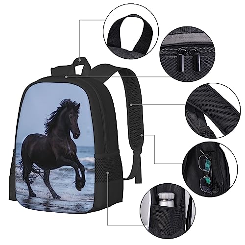 WZOMT Horse Backpack for Girls Boys, Black Galloping Horse on the Beach Animal Bookbags College Student Schoolbags Rucksack Laptop Daypack Water Resistant Sport Hiking Travel Bags Large 17"