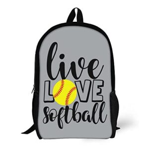 WZOMT Softball Backpack for Girls Women Men Boys, Funny Live Love Softball Yellow Sport Ball on Grey School Bookbags Rucksack Fashion Daypack Water Resistant Hiking Travel Bags Large 17"