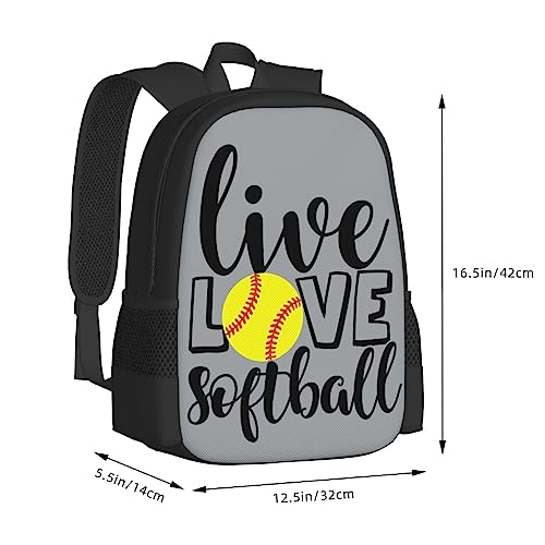 WZOMT Softball Backpack for Girls Women Men Boys, Funny Live Love Softball Yellow Sport Ball on Grey School Bookbags Rucksack Fashion Daypack Water Resistant Hiking Travel Bags Large 17"