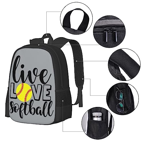 WZOMT Softball Backpack for Girls Women Men Boys, Funny Live Love Softball Yellow Sport Ball on Grey School Bookbags Rucksack Fashion Daypack Water Resistant Hiking Travel Bags Large 17"