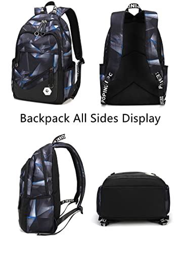 ETAISHOW Geometric-Print Boys Backpack for Elementary Middle School Kids Bookbag School Bag for Teens Black Blue