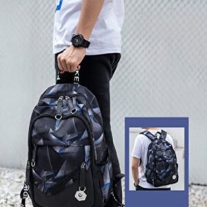 ETAISHOW Geometric-Print Boys Backpack for Elementary Middle School Kids Bookbag School Bag for Teens Black Blue