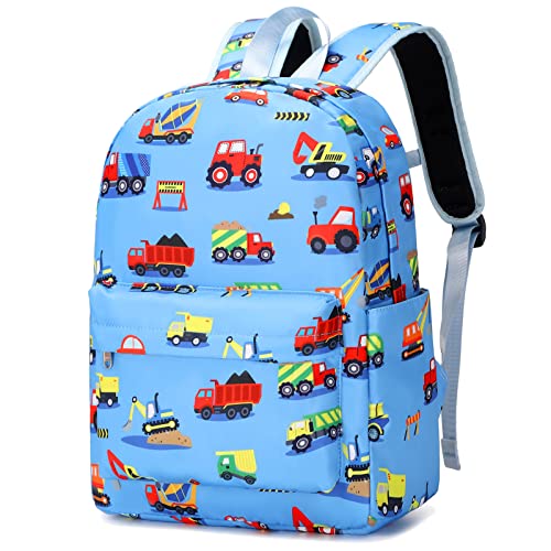 AUIVTY Construction Preschool Backpack for Boys, Kids Backpack for Preschool Kindergarten Toddler Daycare and Travel, Car Bookbag with Chest Buckle (Construction-Light Blue)