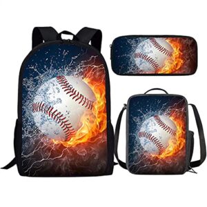 suobstales baseball flame school backpack for kids boys gifts school bag set with lunch box pencil case,cool bookbag teen student back packs satchel travel daypack bagpack