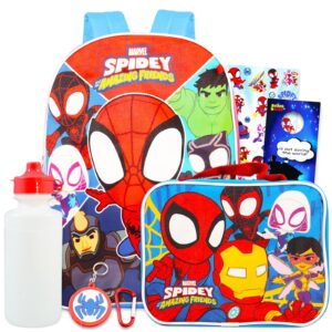 fast forward spidey and his amazing friends backpack set - 5 pc marvel spiderman school supplies bundle with 16” backpack and lunch for kids plus water bottle, stickers, and more (spiderman bag pack)