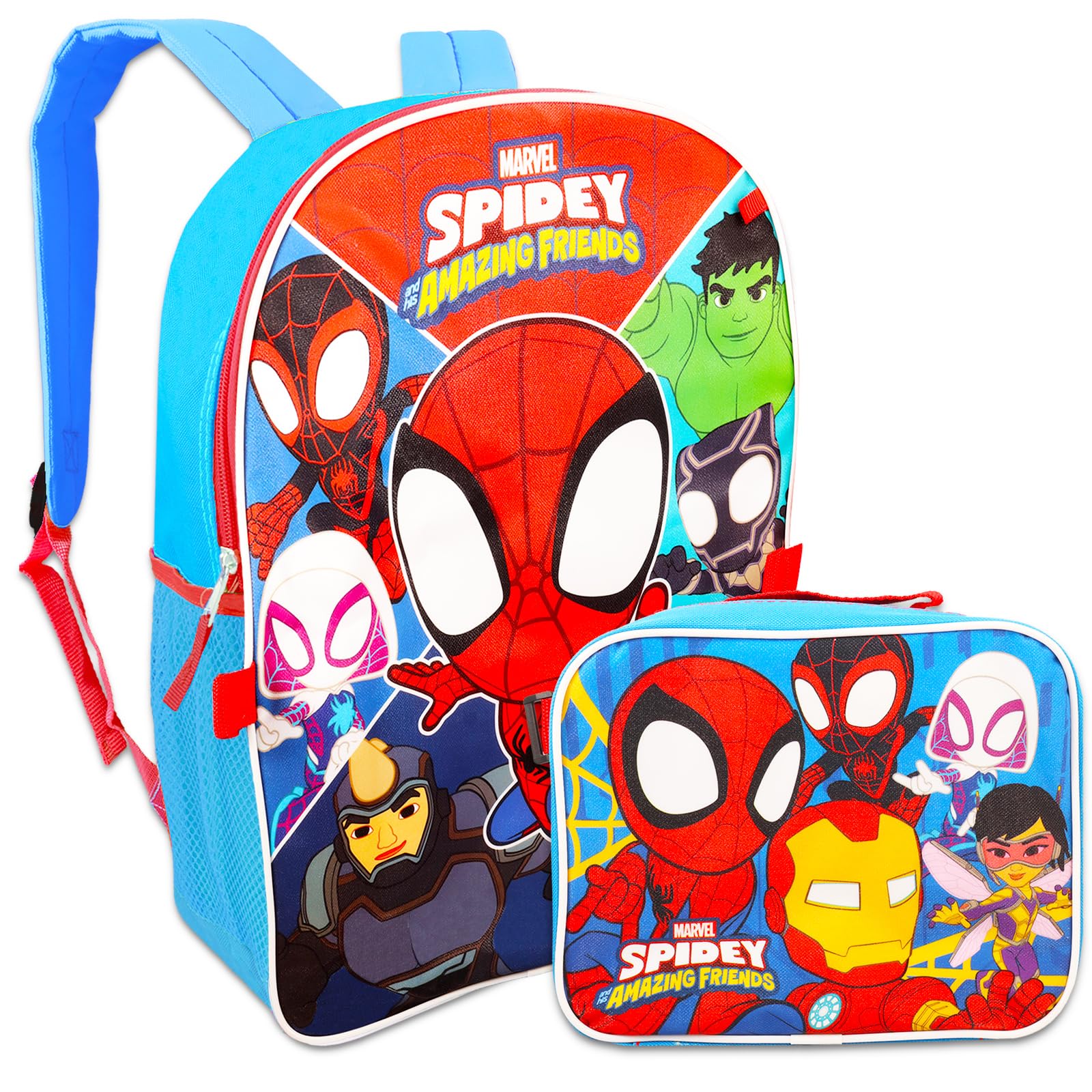 Fast Forward Spidey and His Amazing Friends Backpack Set - 5 Pc Marvel Spiderman School Supplies Bundle with 16” Backpack and Lunch for Kids Plus Water Bottle, Stickers, and More (Spiderman Bag Pack)