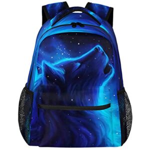 wolf backpacks for boys girls, blue galaxy cool wolf lightweight school backpack laptop college bookbag, travel casual daypack, hiking camping computer rucksack