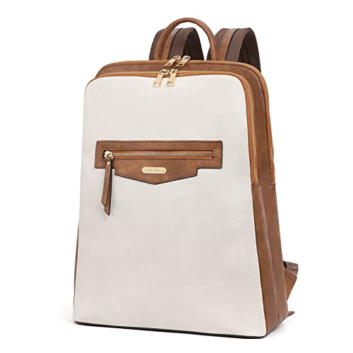 CLUCI Leather Laptop Backpack for Women 15.6 inch Computer Bag Travel Business Daypack Coarse grain beige with brown