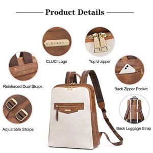 CLUCI Leather Laptop Backpack for Women 15.6 inch Computer Bag Travel Business Daypack Coarse grain beige with brown