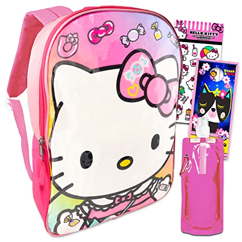 Hello Kitty Backpack for Girls - Hello Kitty School Supplies Bundle with 15" Hello Kitty School Bag Plus Stickers, Pink Water Bottle, and More (Hello Kitty Travel Bag)