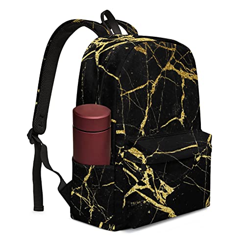QSMX Chic Black And Gold Marble Texture Lightweight Backpack for School, Fashion Basic Water Resistant Casual Daypack for Travel Hiking Work with Bottle Side Pockets