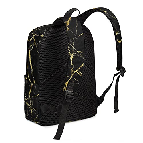 QSMX Chic Black And Gold Marble Texture Lightweight Backpack for School, Fashion Basic Water Resistant Casual Daypack for Travel Hiking Work with Bottle Side Pockets