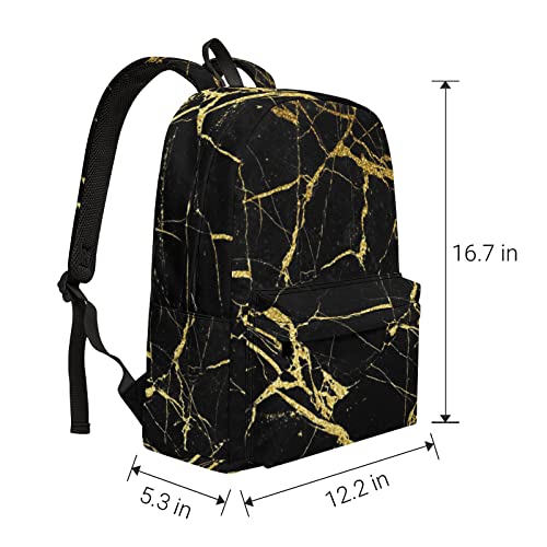 QSMX Chic Black And Gold Marble Texture Lightweight Backpack for School, Fashion Basic Water Resistant Casual Daypack for Travel Hiking Work with Bottle Side Pockets