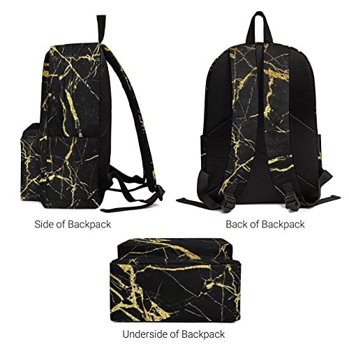 QSMX Chic Black And Gold Marble Texture Lightweight Backpack for School, Fashion Basic Water Resistant Casual Daypack for Travel Hiking Work with Bottle Side Pockets