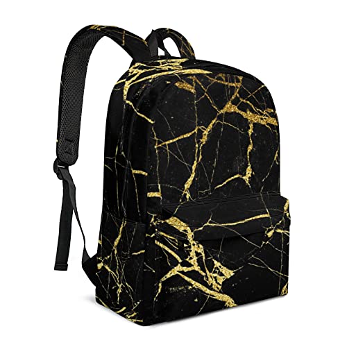 QSMX Chic Black And Gold Marble Texture Lightweight Backpack for School, Fashion Basic Water Resistant Casual Daypack for Travel Hiking Work with Bottle Side Pockets