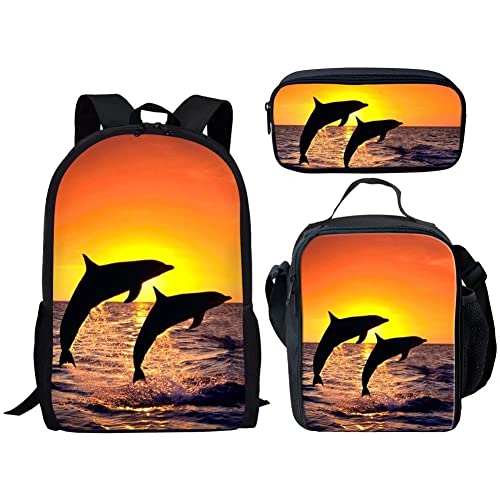 Printpub Sunset Dolphin Design School Backpacks Set Girls Backpack with Lunch Bag and Pencil Case Kids 3 in 1 Bookbags Set School Bag