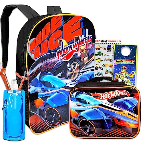 Color Shop Hot Wheels Backpack and Lunch Box Kids - 6 Pc Bundle 16'' Hot Wheels Backpack, Lunch Bag, Water Bottle, Cars and Trucks Stickers, Backpack Clip, and More (Hot Wheels School Supplies)