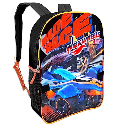 Color Shop Hot Wheels Backpack and Lunch Box Kids - 6 Pc Bundle 16'' Hot Wheels Backpack, Lunch Bag, Water Bottle, Cars and Trucks Stickers, Backpack Clip, and More (Hot Wheels School Supplies)