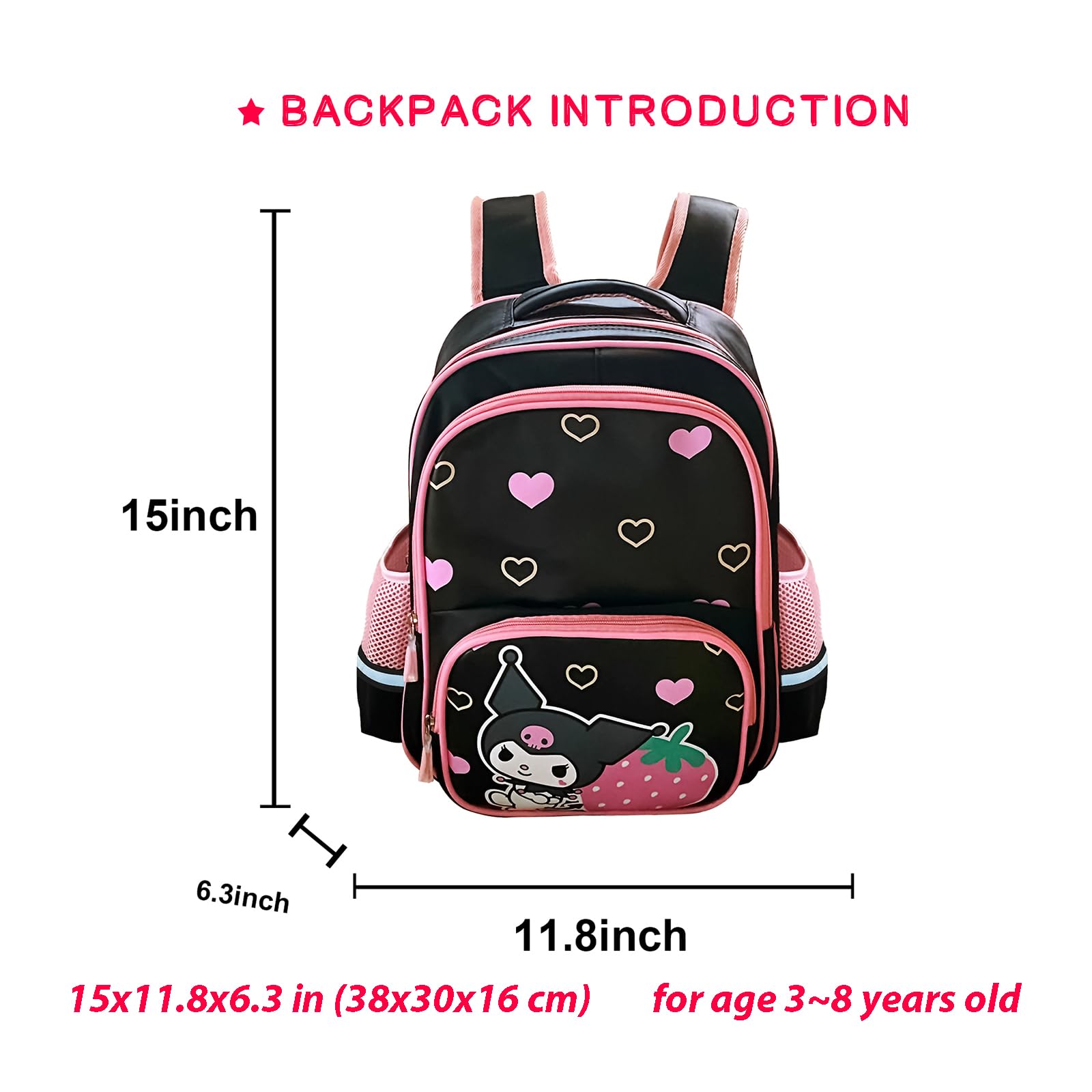 Fiohiof Teen Kids Backpacks for Girls Cartoon Cute 15 Inches Laptop Backpacks Kawaii backpack Travel Bags Book Bag(Black)