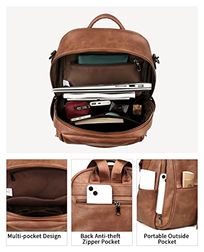 FADEON Leather Laptop Backpack Purse for Women Laptop Backpacks, Designer Mutiple Pockets Ladies Shoulder Bags Brown