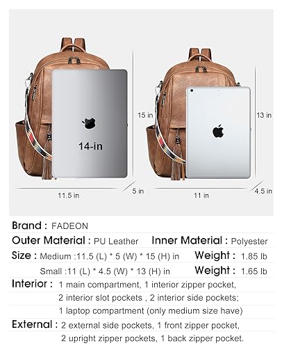 FADEON Leather Laptop Backpack Purse for Women Laptop Backpacks, Designer Mutiple Pockets Ladies Shoulder Bags Brown