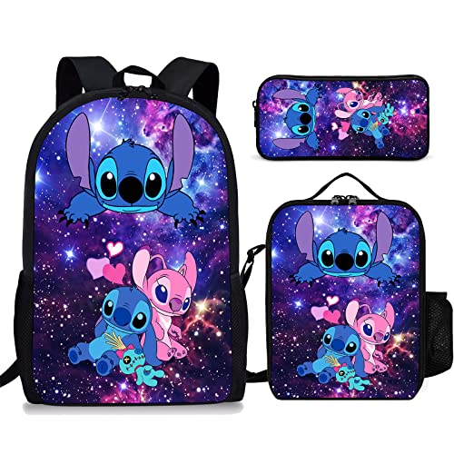 mfiwena Teens Cartoon Bag Set Backpack for Girls Boys 17" Laptop Bookbag with High-capacity Insulated Lunch Bag Pencil Case