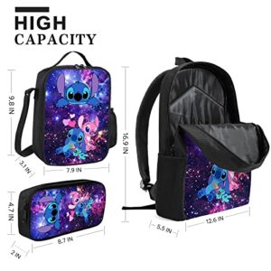 mfiwena Teens Cartoon Bag Set Backpack for Girls Boys 17" Laptop Bookbag with High-capacity Insulated Lunch Bag Pencil Case